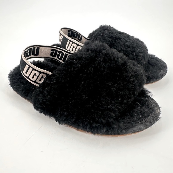 UGG Black Fluffy Kids Slippers Little Kid Size 10 - Picture 1 of 7